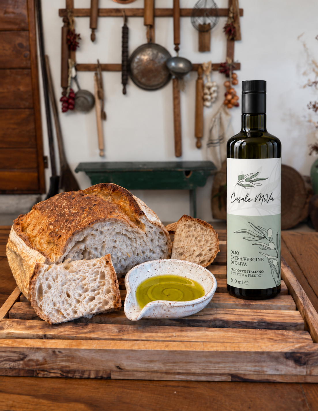 Bread, olive oil, and bottle on the table